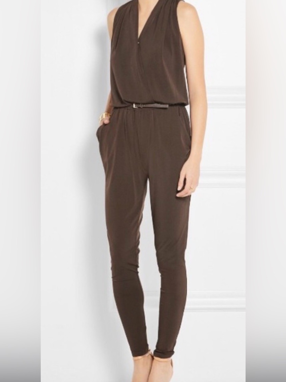 Michael Kors Brown Sleeveless Jersey Skinny Jumpsuit